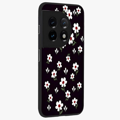 Black Prints Daisy Flower Pattern Glass Case for 1+11 side perspective highlighting delicate daisy details and smooth edges