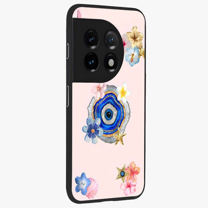 Blossom Evil Charm Glass Case for 1+11 side perspective highlighting delicate blossom detailing and bold symbol contrast