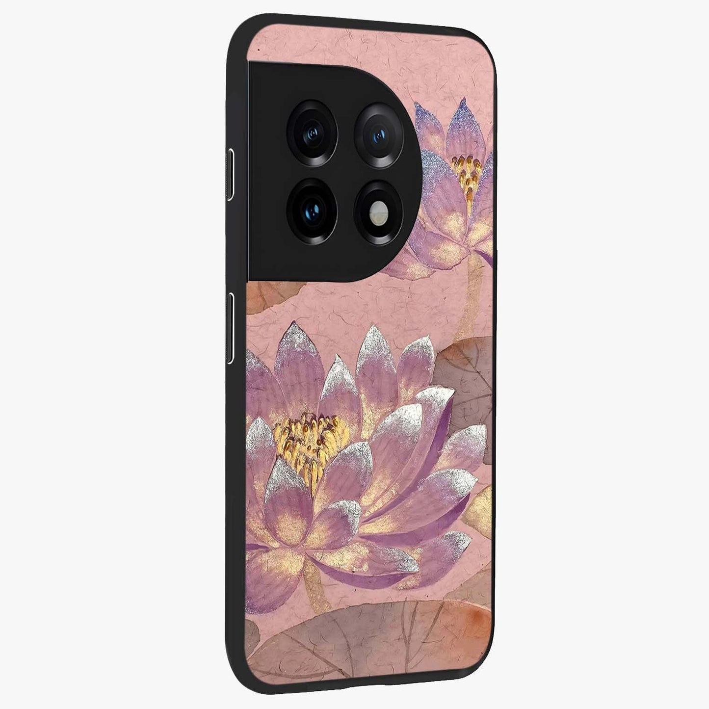Blossom Mist Lotus Glass Case for 1+11 side perspective highlighting elegant lotus illustration and premium build