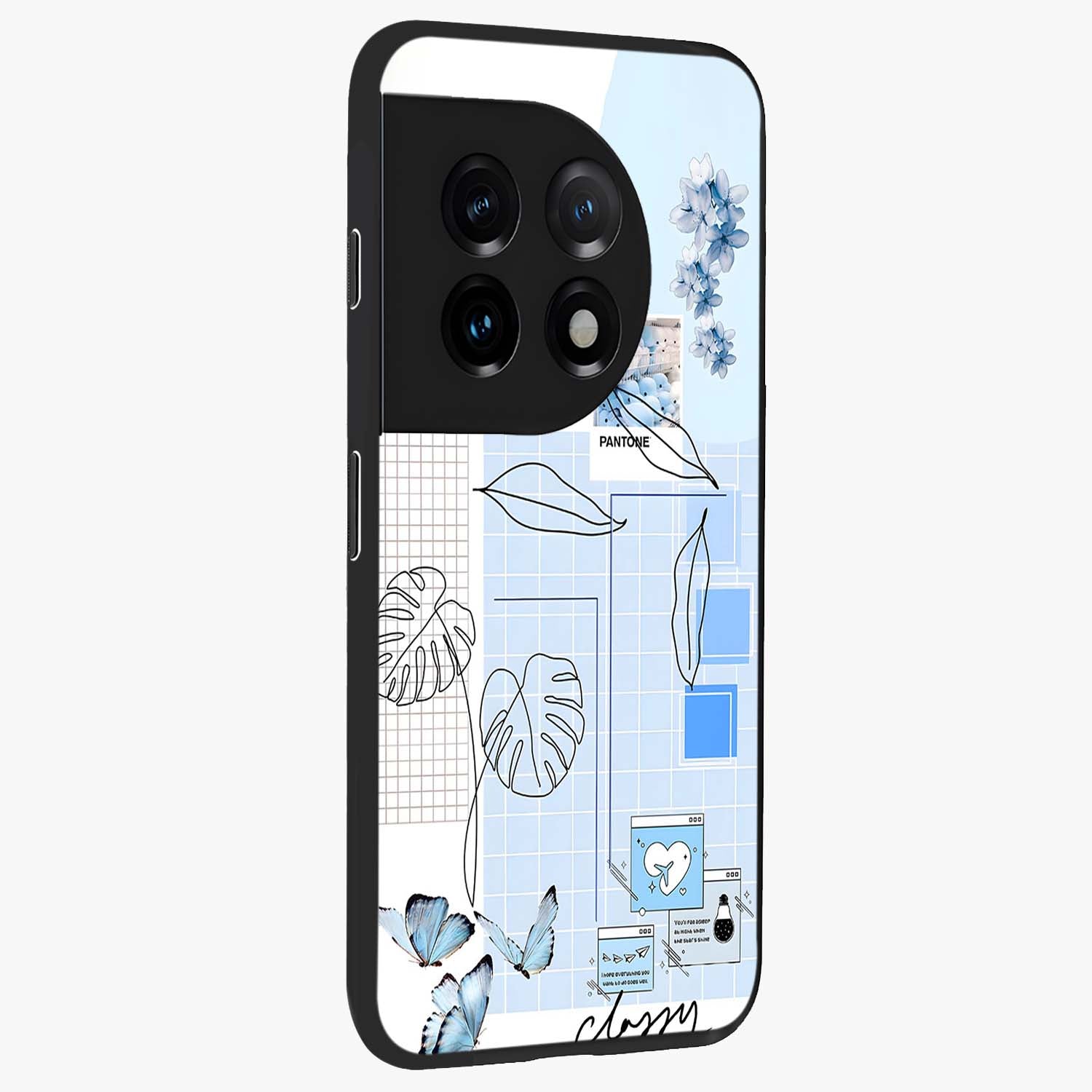 Blue Aesthetic Flower Glass Case for 1+11 side perspective highlighting calming blue tones and premium detailing