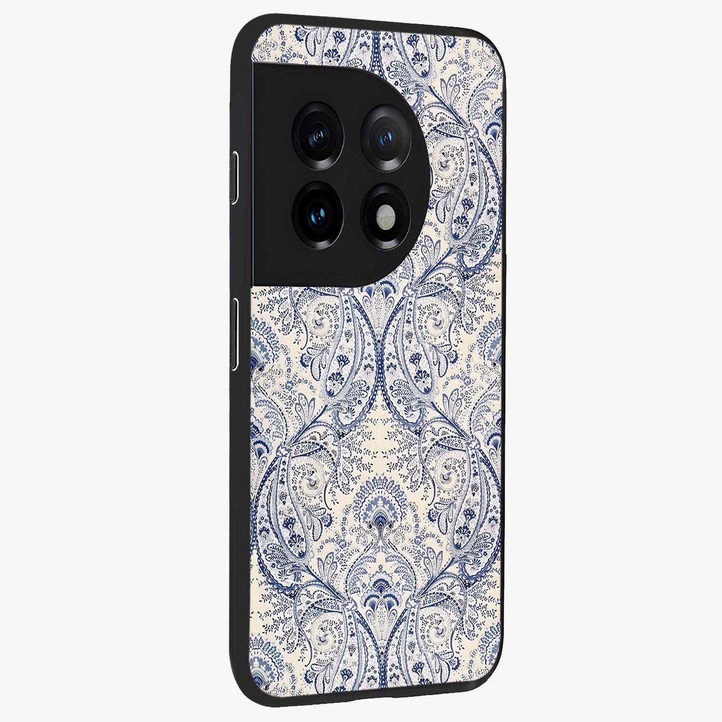 Blue Paisley Bloom Glass Case for 1+11 side perspective highlighting elegant paisley textures and premium build