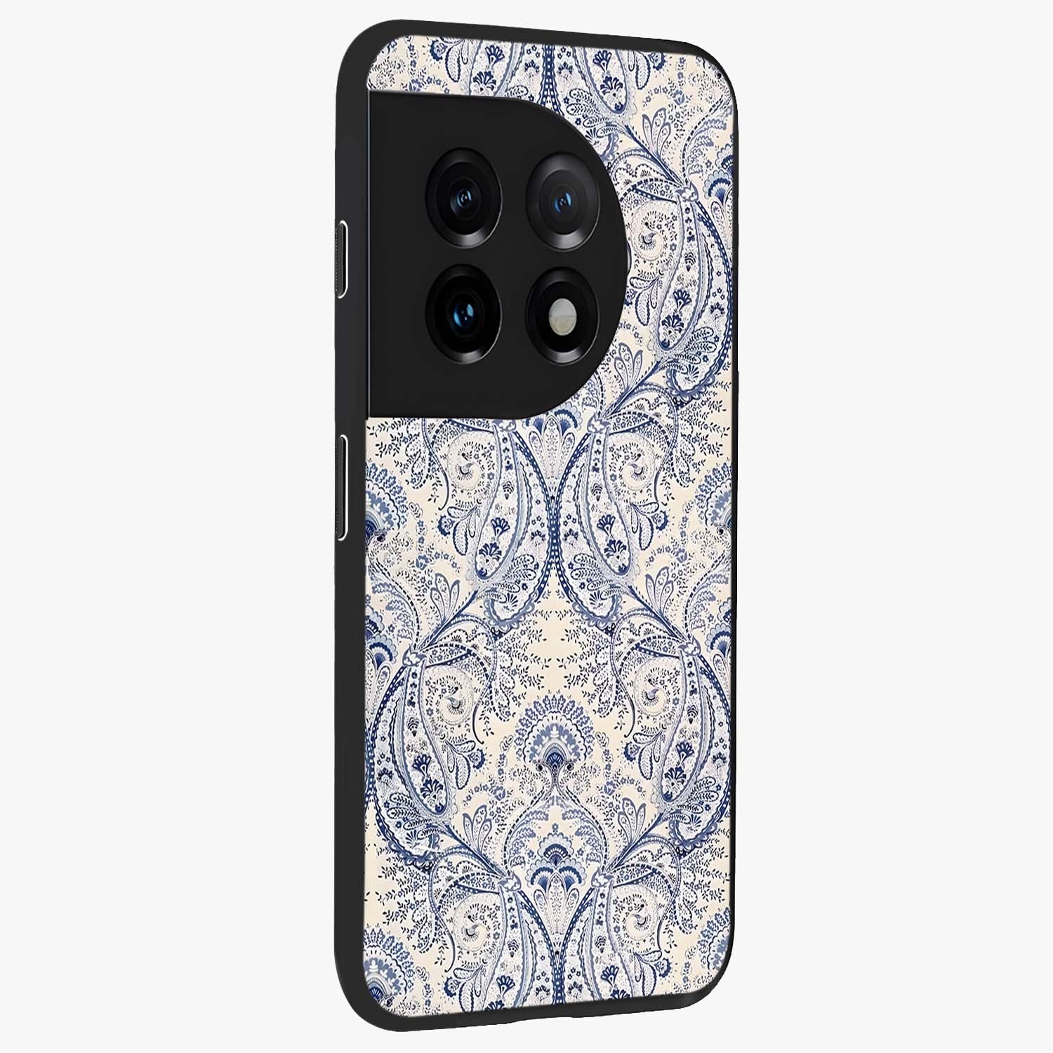 Blue Paisley Bloom Glass Case for 1+11 side perspective highlighting elegant paisley textures and premium build