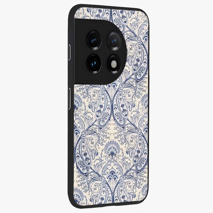 Blue Paisley Bloom Glass Case for 1+11 side perspective highlighting elegant paisley textures and premium build