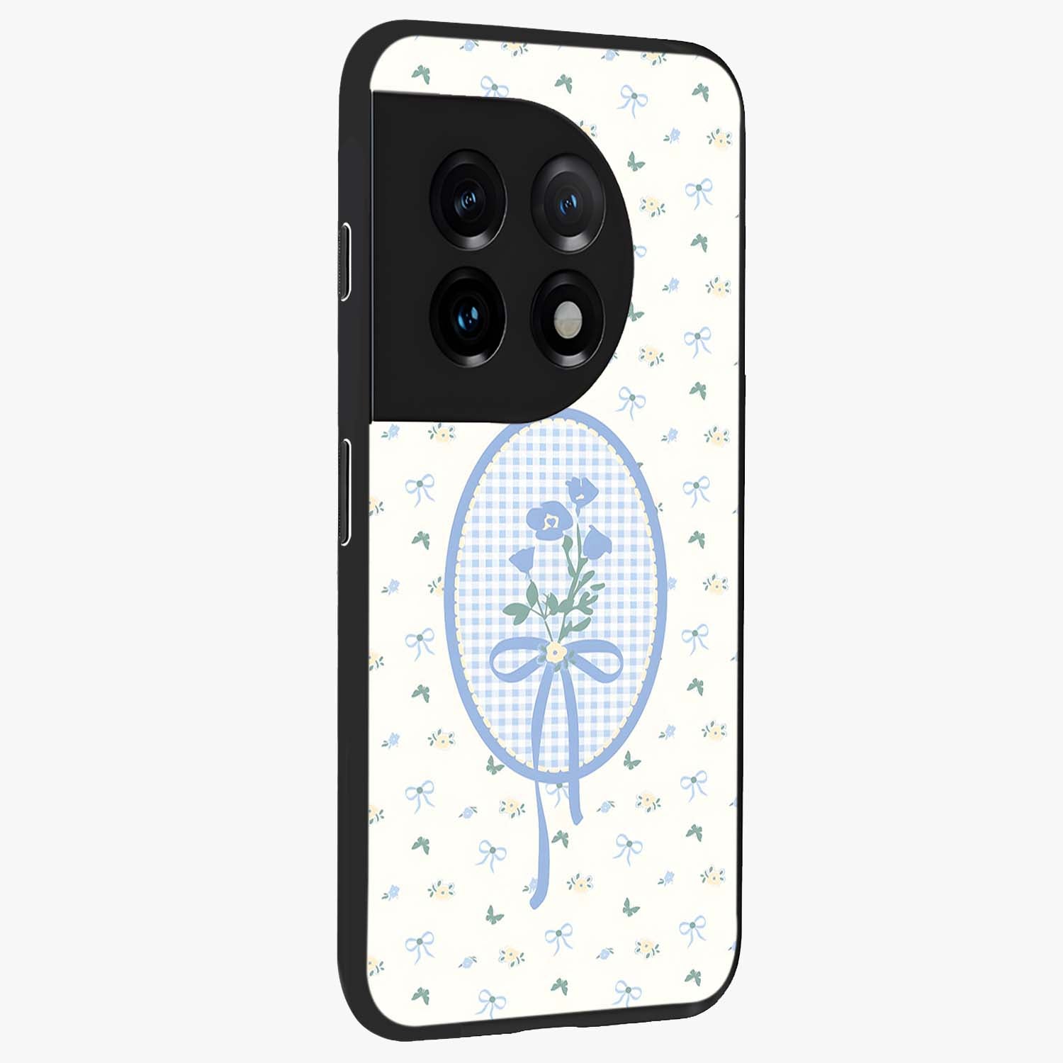 Blue Ribbon Bloom Glass Case for 1+11 side perspective highlighting graceful floral design and premium edges