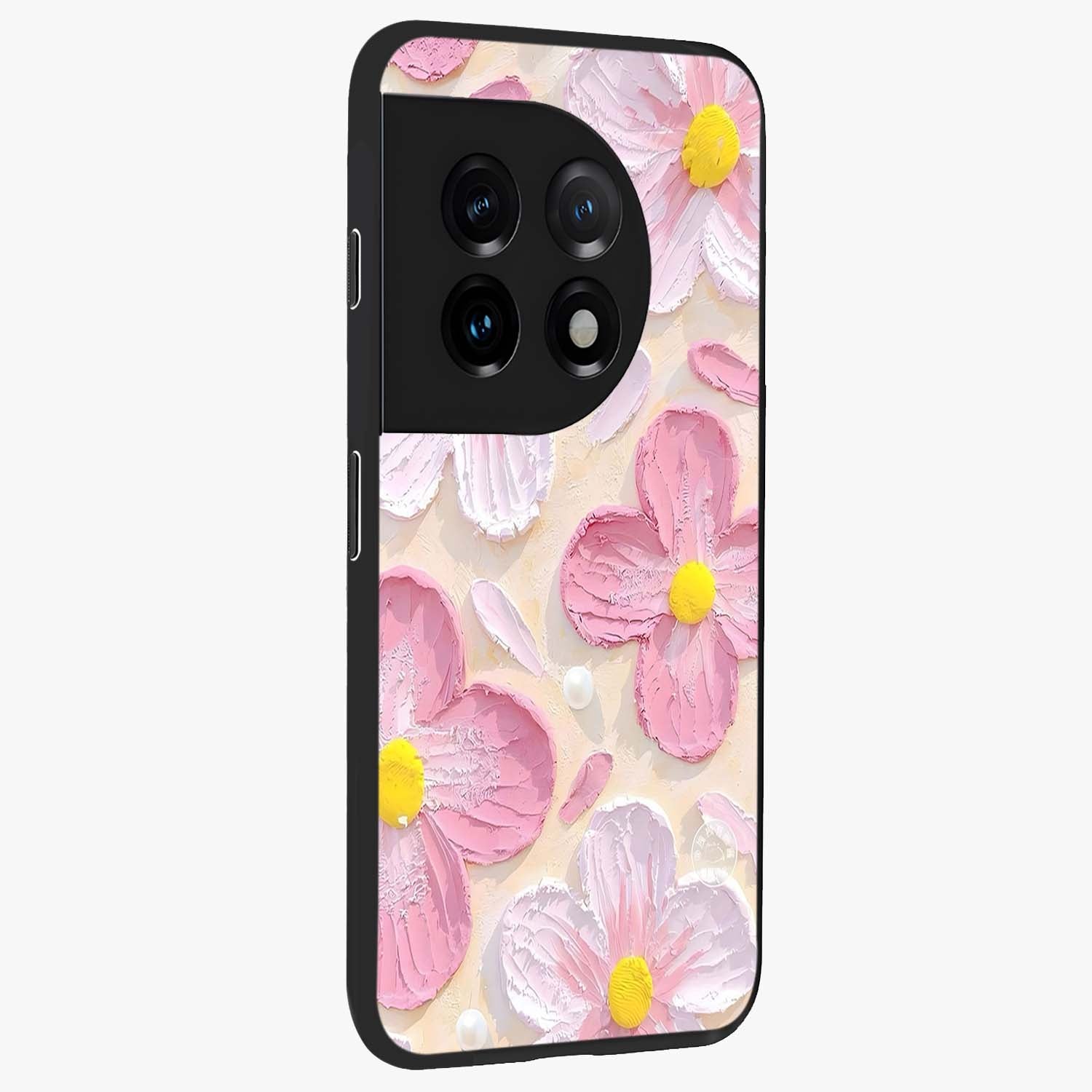 Blush Bloom Texture Glass Case for 1+11 side perspective highlighting rich floral textures and smooth edges