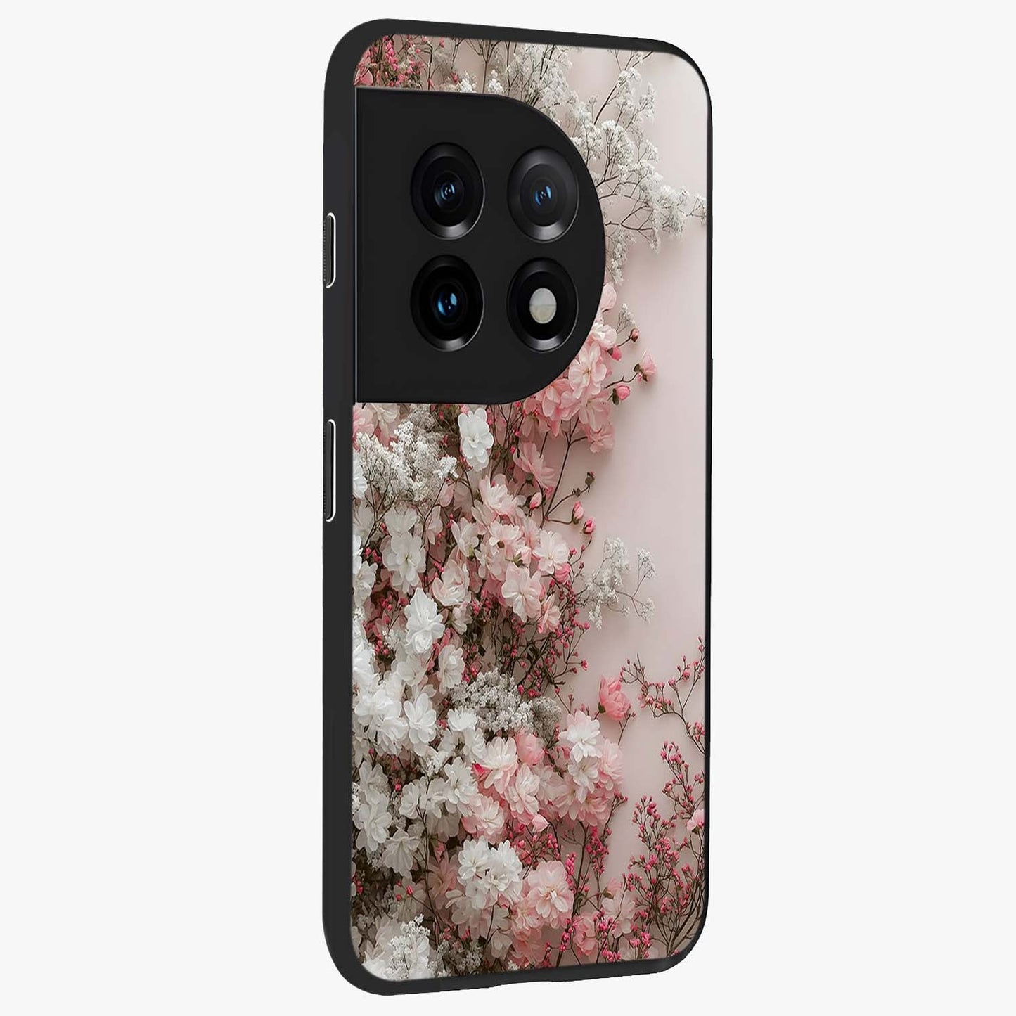 Blush Blossom Cloud Glass Case for 1+11 side perspective highlighting airy blush detailing and premium build