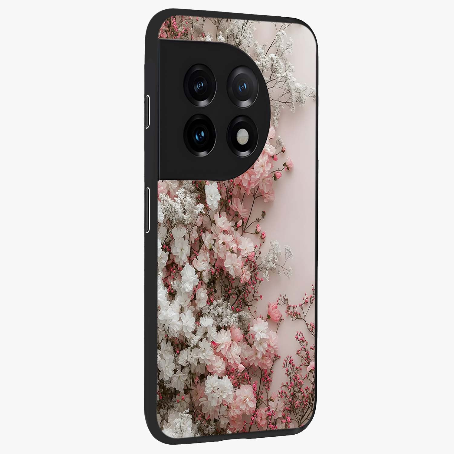 Blush Blossom Cloud Glass Case for 1+11 side perspective highlighting airy blush detailing and premium build