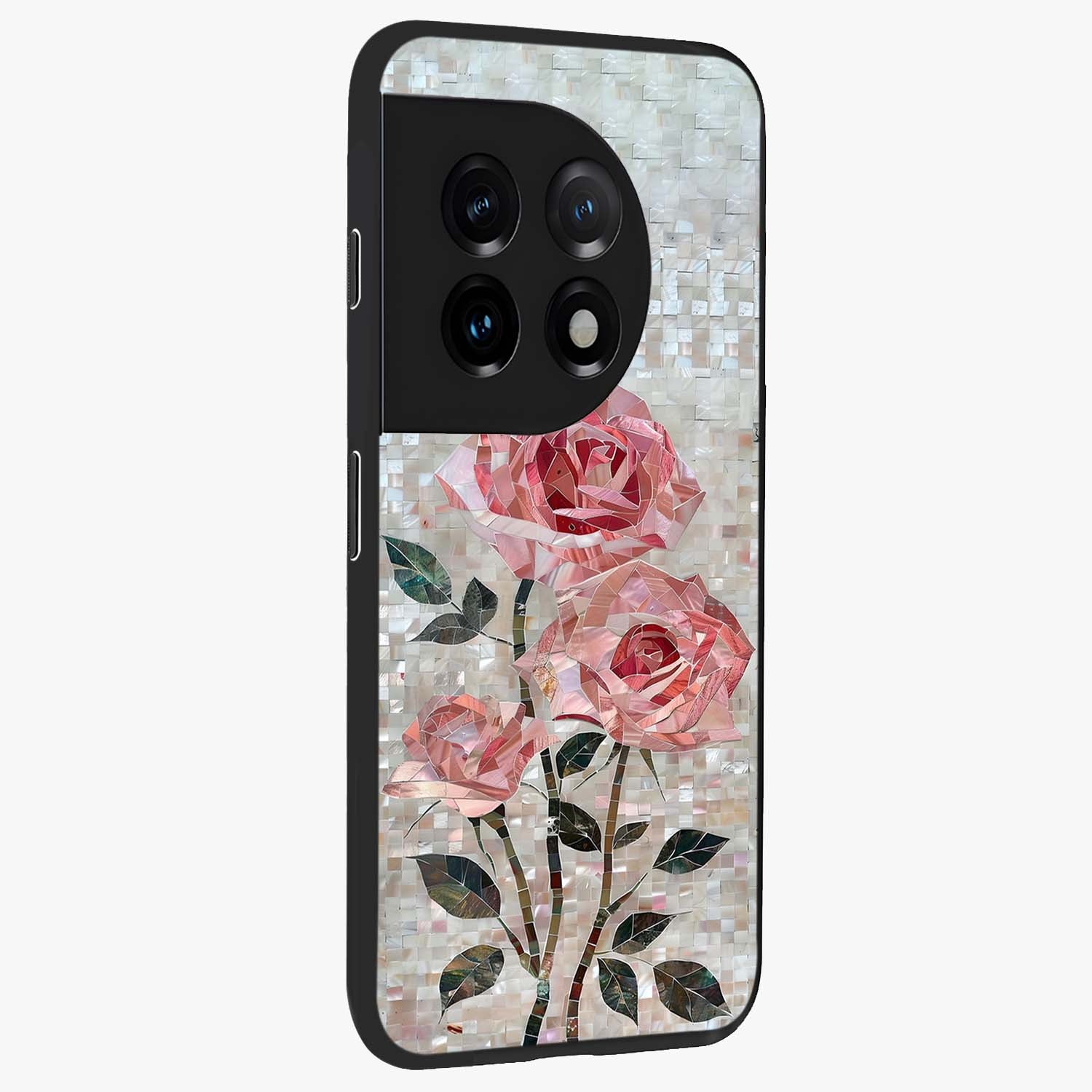 Blush Luxe Bloom Glass Case for 1+11 side perspective highlighting elegant floral textures and sleek edges