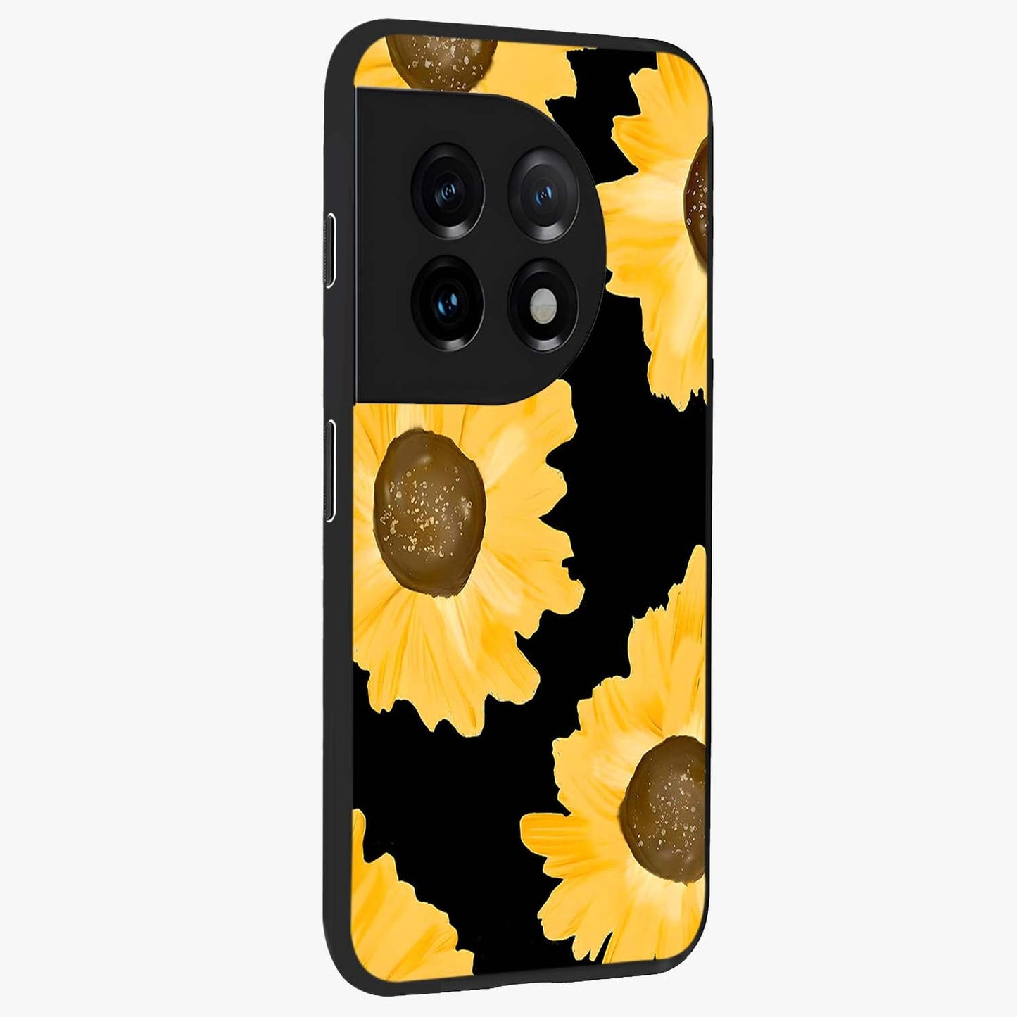 Bold Sunflowers Glow Glass Case for 1+11 side perspective highlighting rich yellow hues and premium edge finish