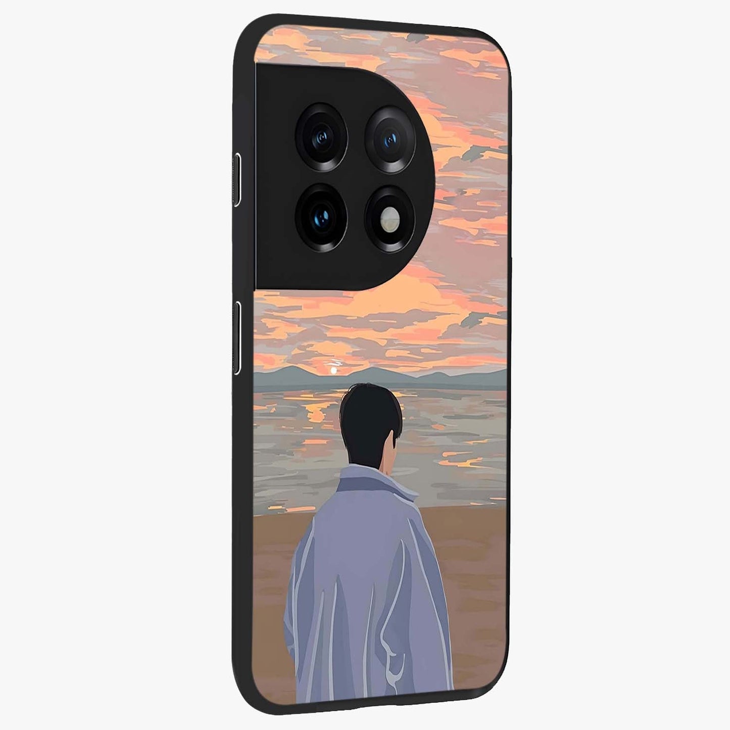 Boy Facing Sunset Beach Glass Case for 1+11 side perspective highlighting calming sunset gradients and smooth edges