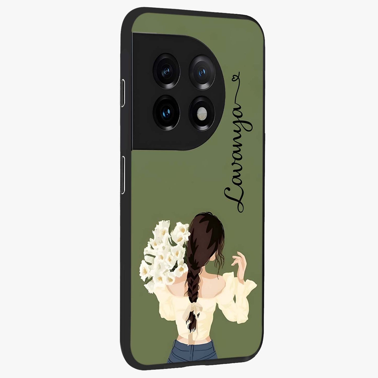 Braided Spring Beauty With Custom Name Glass Case for 1+11 side perspective highlighting custom name typography and smooth edges