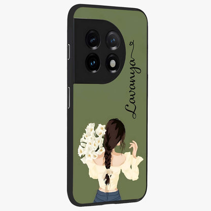 Braided Spring Beauty With Custom Name Glass Case for 1+11 side perspective highlighting custom name typography and smooth edges