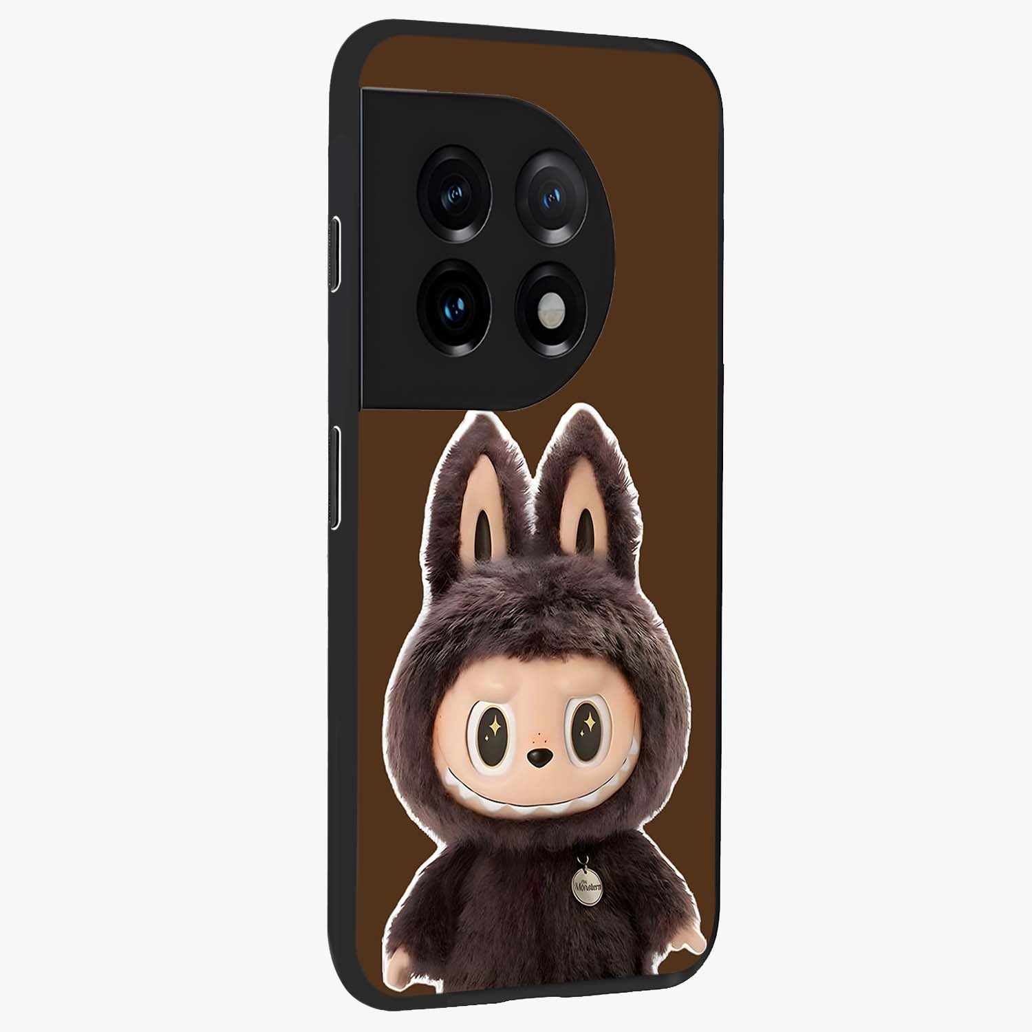 Brown Labubu Design Glass Case for 1+11 side perspective highlighting charming character detailing and smooth edges