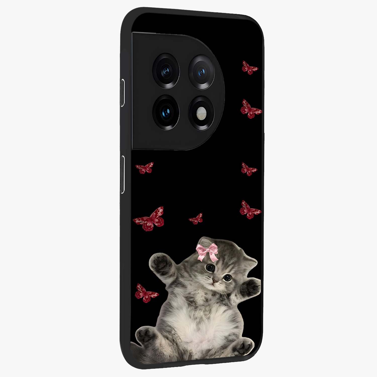Butterfly Cat Bliss Glass Case for 1+11 side perspective highlighting delicate butterfly detailing and smooth edges