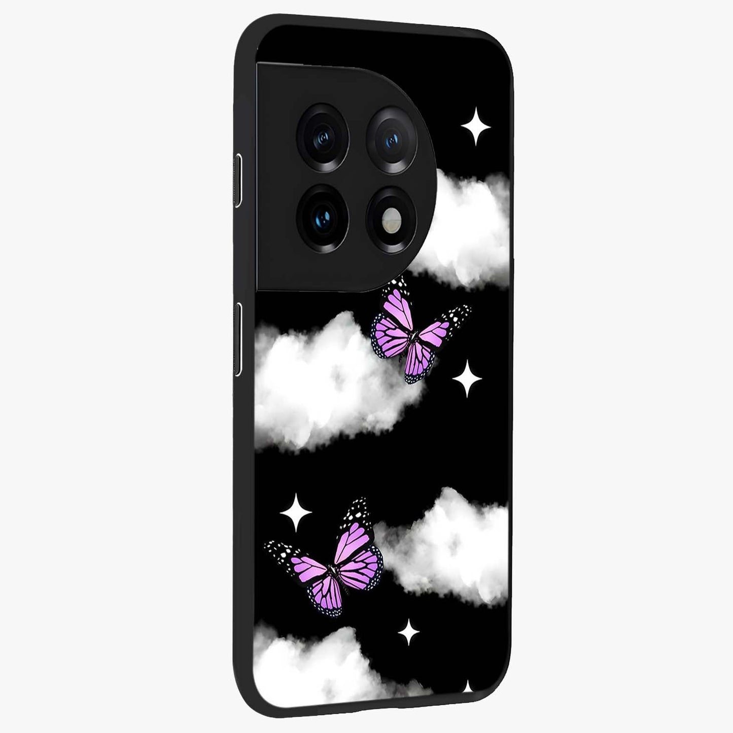 Butterfly Night Drift Glass Case for 1+11 side perspective highlighting glowing butterfly details and sleek edges