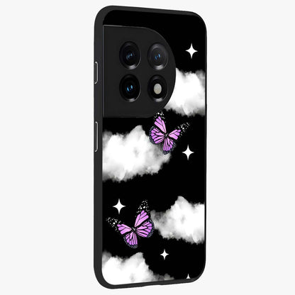 Butterfly Night Drift Glass Case for 1+11 side perspective highlighting glowing butterfly details and sleek edges