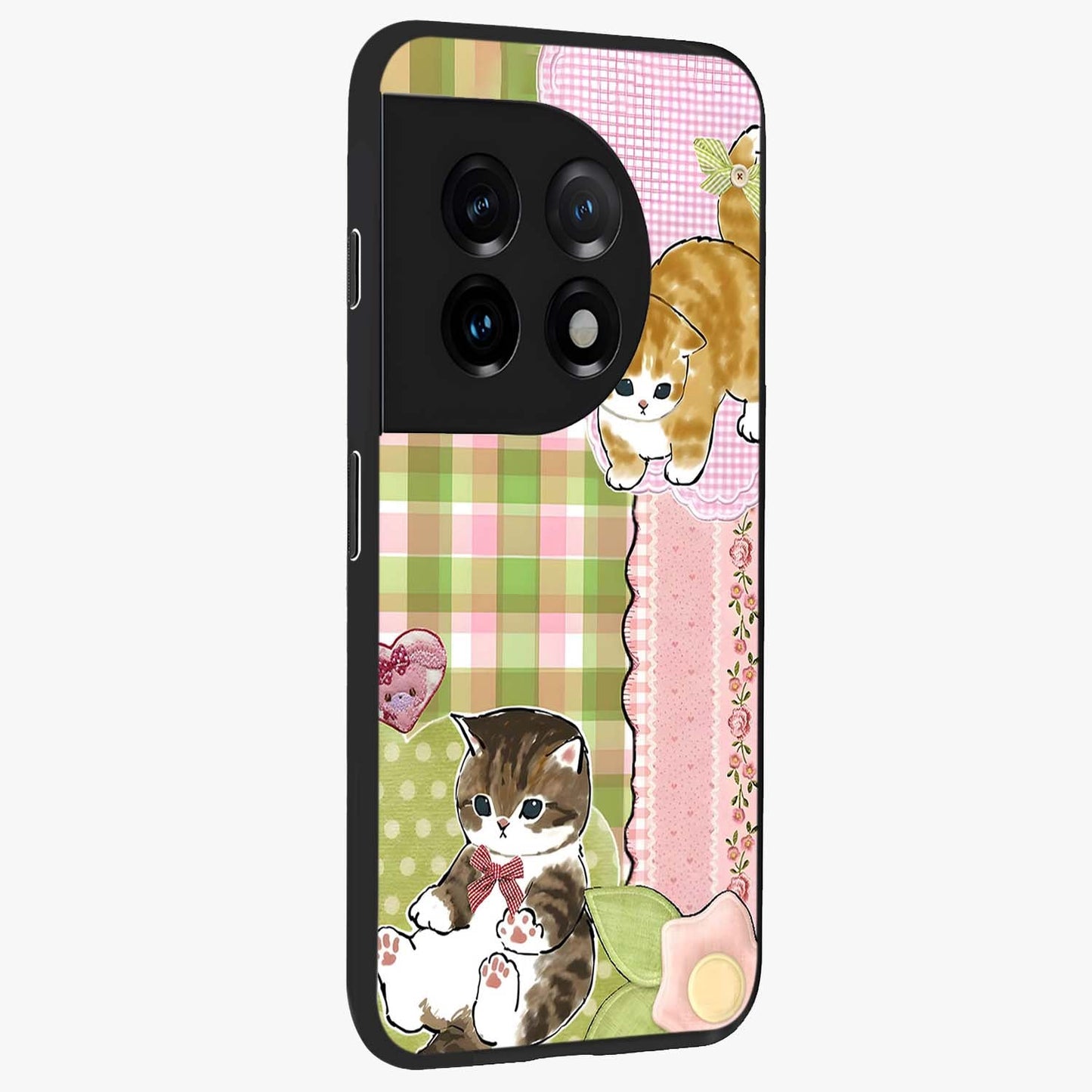 Cats Sweet Button Glass Case for 1+11 side perspective highlighting playful details and sleek premium build