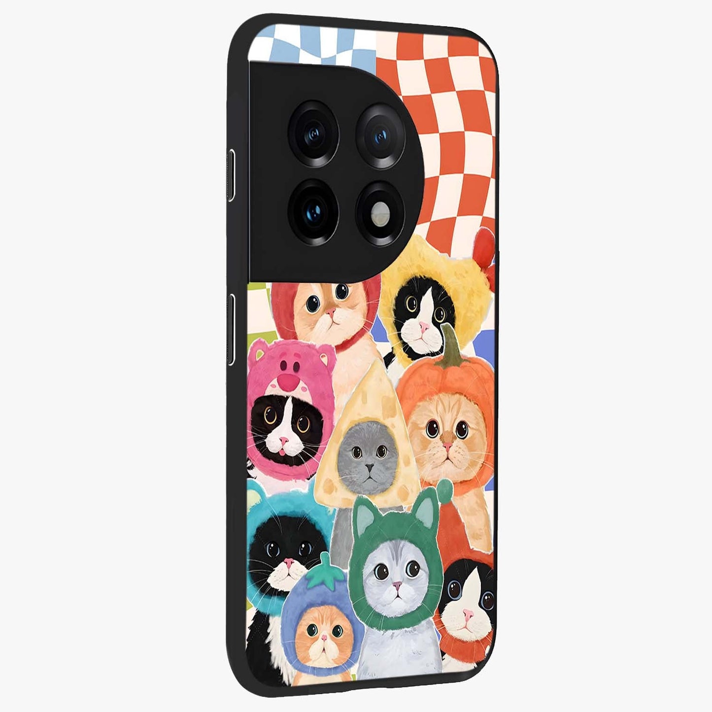 Cats in Fruits Glass Case for 1+11 side perspective highlighting fun detailing and premium smooth edges