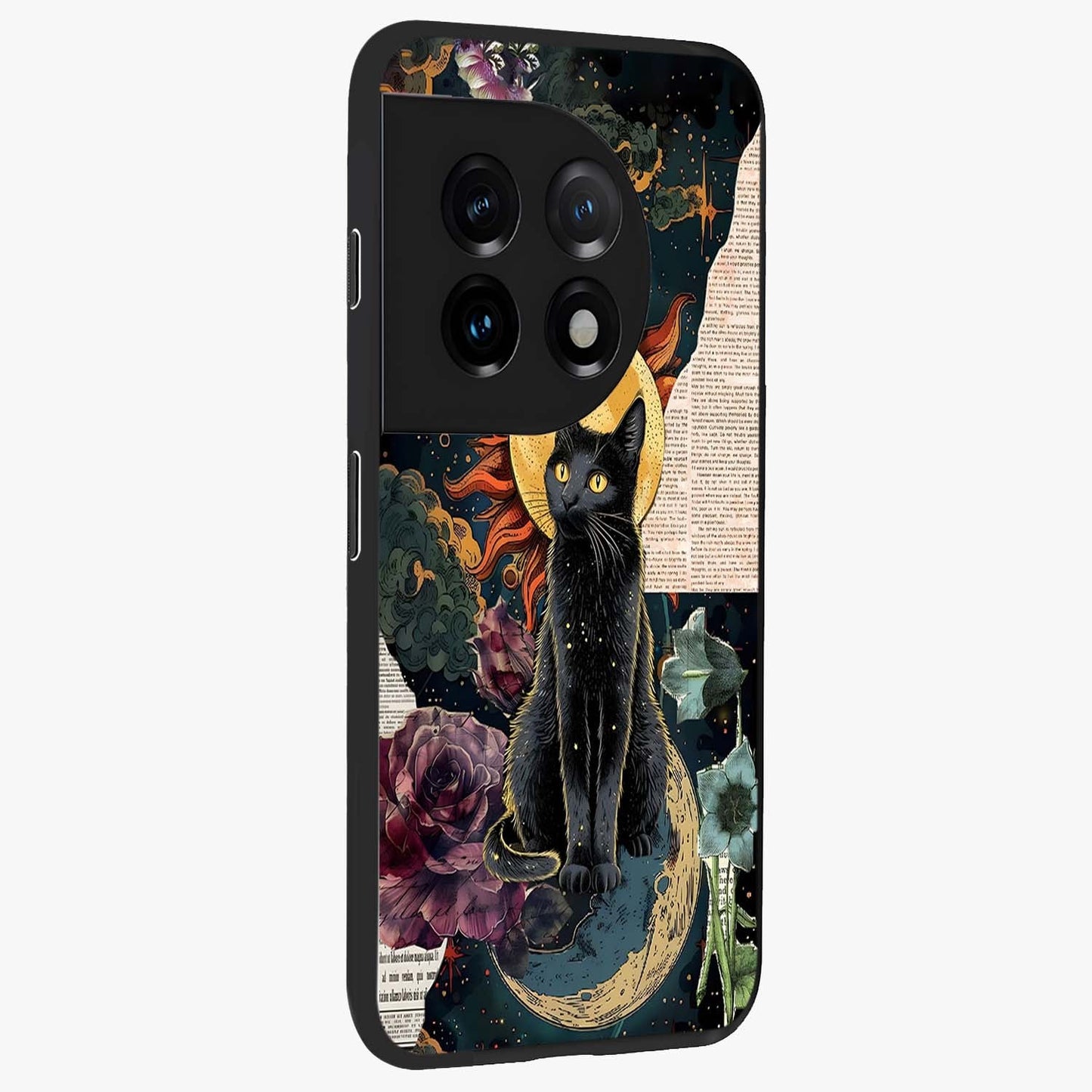 Celestial Black Cat Glass Case for 1+11 side perspective highlighting dark cosmic tones and premium edges