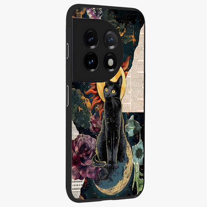 Celestial Black Cat Glass Case for 1+11 side perspective highlighting dark cosmic tones and premium edges