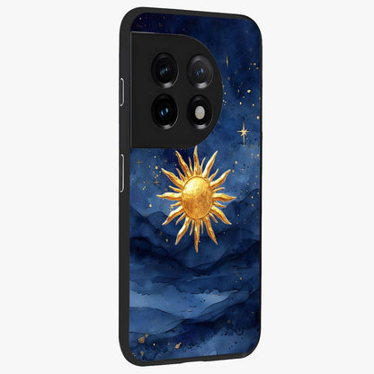 Celestial Blue Glow Glass Case for 1+11 side perspective highlighting vibrant glow detailing and sleek edges