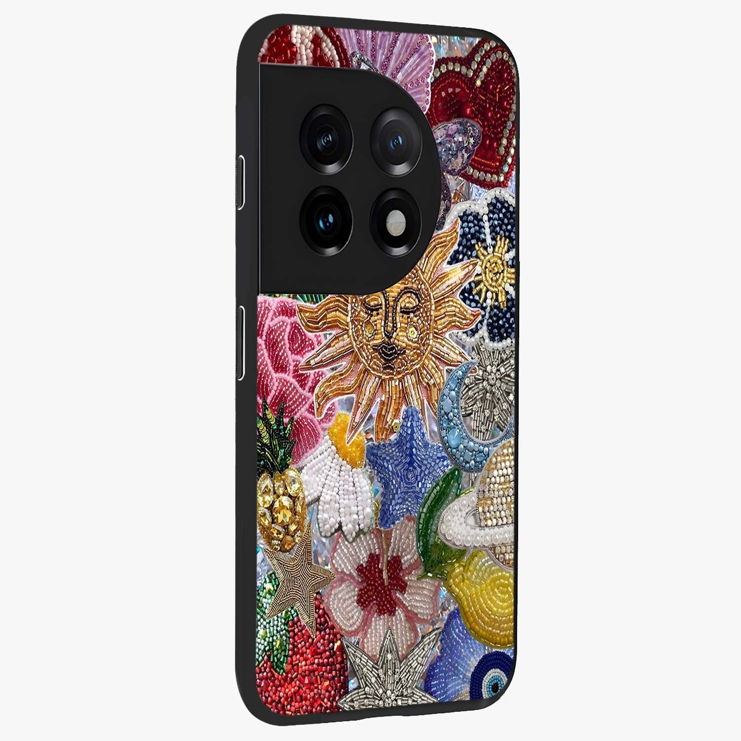 Celestial Floral and Playful Glass Case for 1+11 side perspective highlighting playful bloom textures and smooth edges