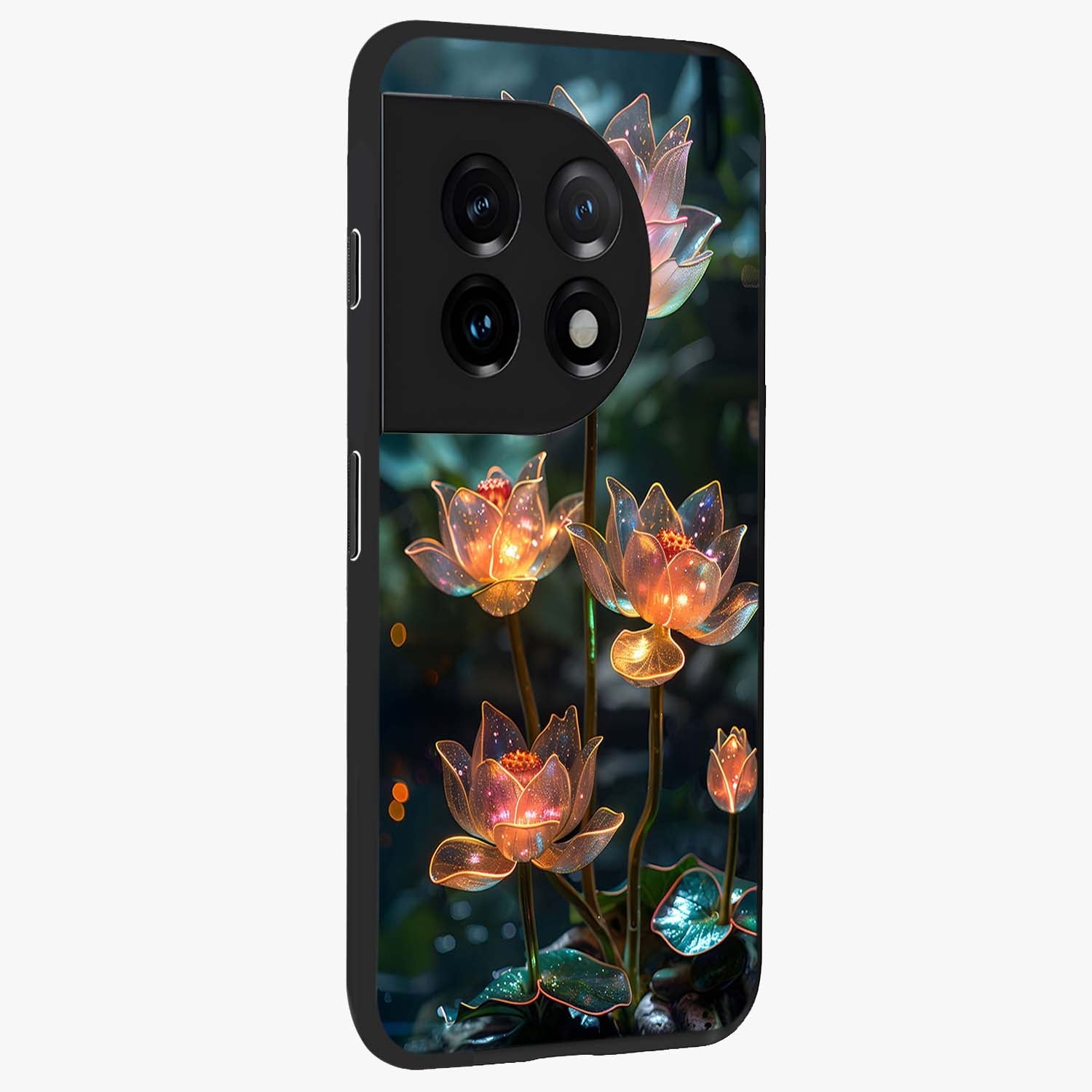 Celestial Lotus Light Glass Case for 1+11 side perspective highlighting delicate lotus detailing and premium finish