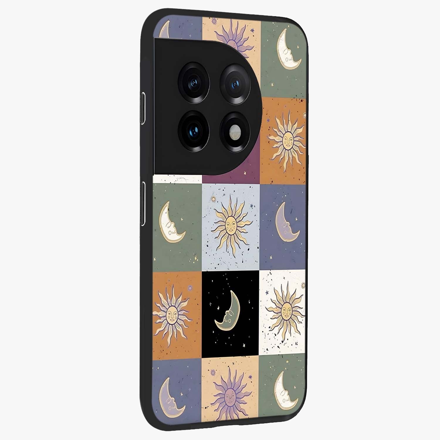 Celestial Patchwork Dreams Glass Case for 1+11 side perspective highlighting vibrant patchwork detailing and sleek edges