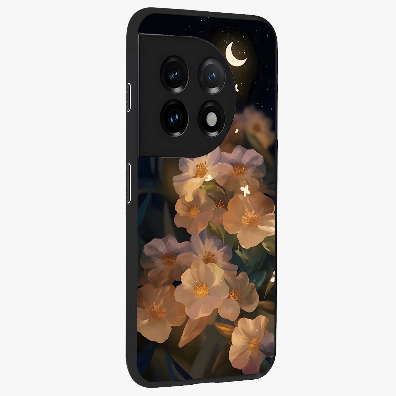 Celestial Petal Night Glass Case for 1+11 side perspective highlighting delicate petal details and premium edges