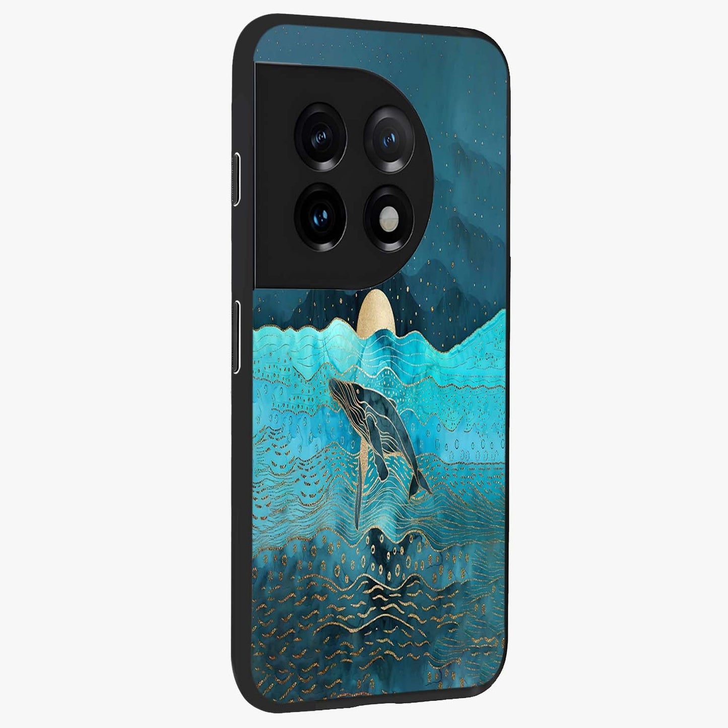 Celestial Whale Voyage Glass Case for 1+11 side perspective highlighting flowing whale illustration and premium detailing