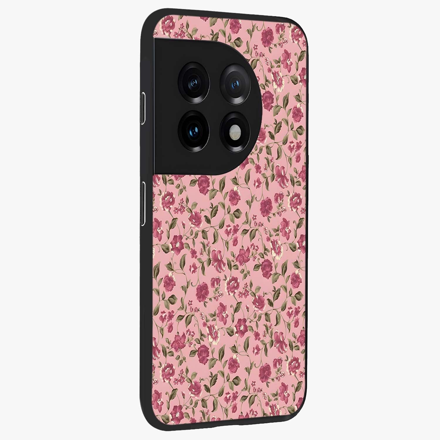 Charming Pink Floral Glass Case for 1+11 side perspective highlighting subtle floral textures and smooth edges