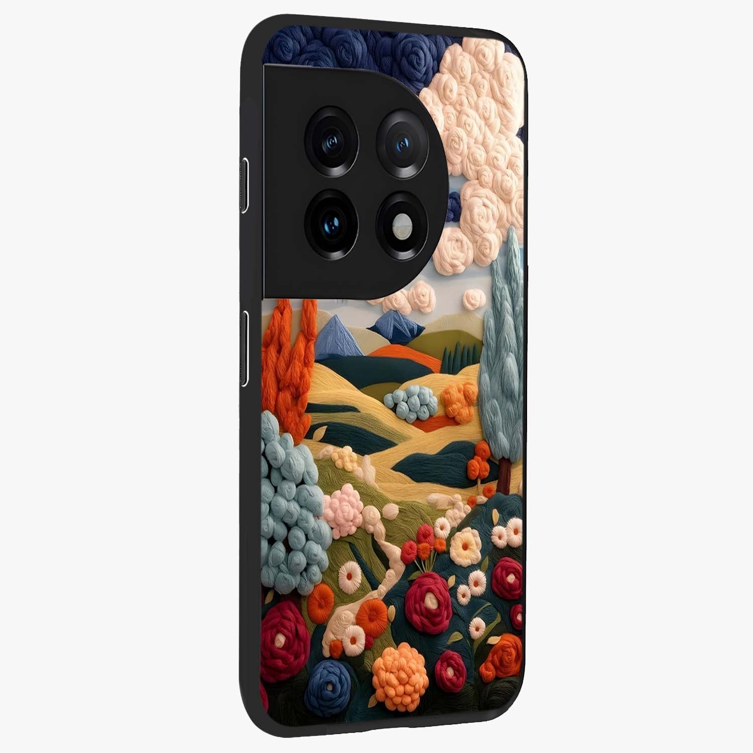 Cloud Cotton Meadows Printed Glass Case for 1+11 side perspective highlighting smooth edges and delicate meadow detailing
