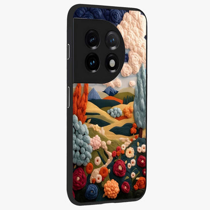 Cloud Cotton Meadows Printed Glass Case for 1+11 side perspective highlighting smooth edges and delicate meadow detailing