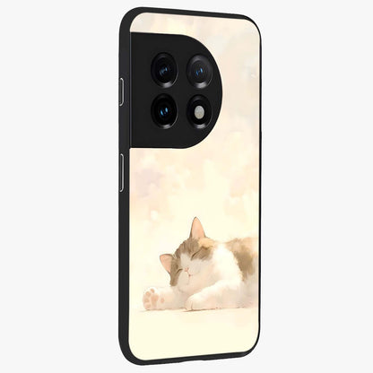 Cloud Nap Cat Glass Case for 1+11 side perspective highlighting charming feline details and premium edge finish