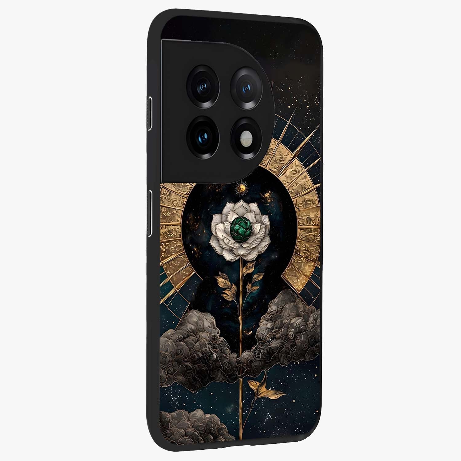 Cosmic Bloom Rose Glass Case for 1+11 side perspective highlighting glowing rose details and smooth premium build