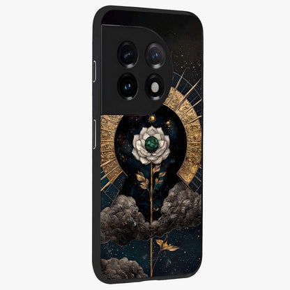 Cosmic Bloom Rose Glass Case for 1+11 side perspective highlighting glowing rose details and smooth premium build