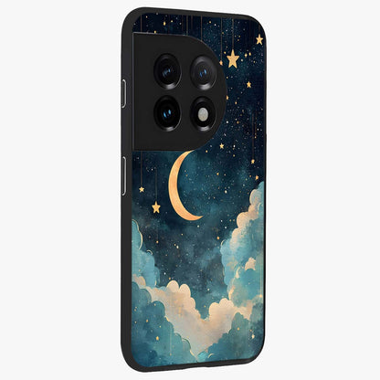 Crescent Galaxy Moon Glass Case for 1+11 side perspective highlighting luminous moon details and premium build