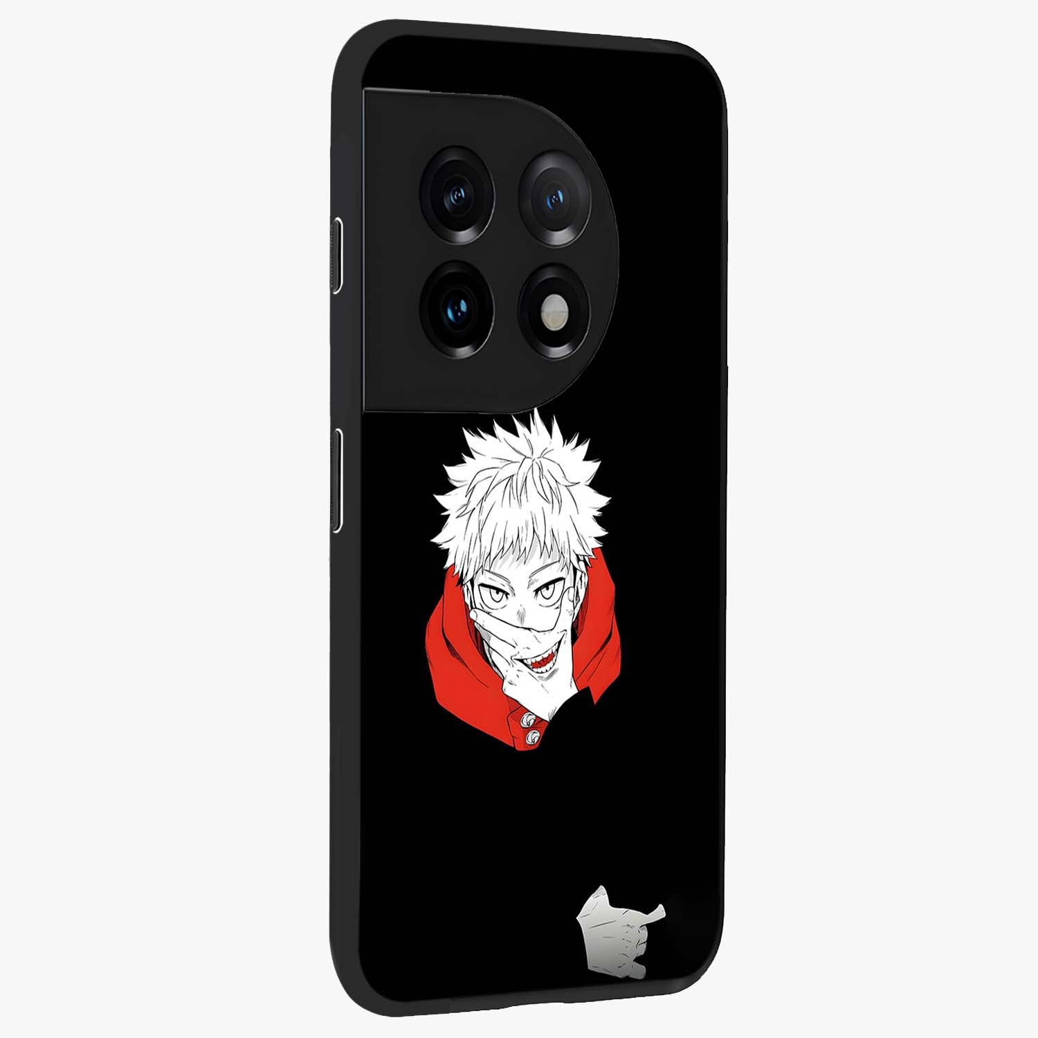 Crimson Chaos Smile Glass Case for 1+11 side perspective highlighting intense color contrast and sleek edges