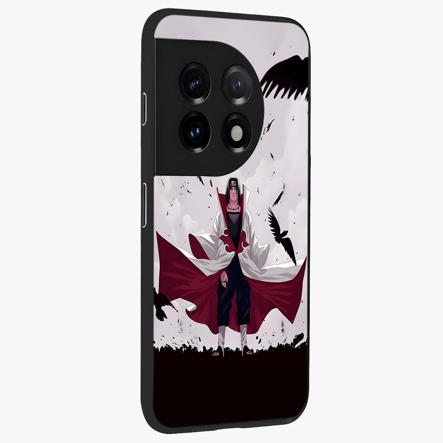 Crimson Crow Ascension Glass Case for 1+11 side perspective highlighting intricate crow detailing and premium texture