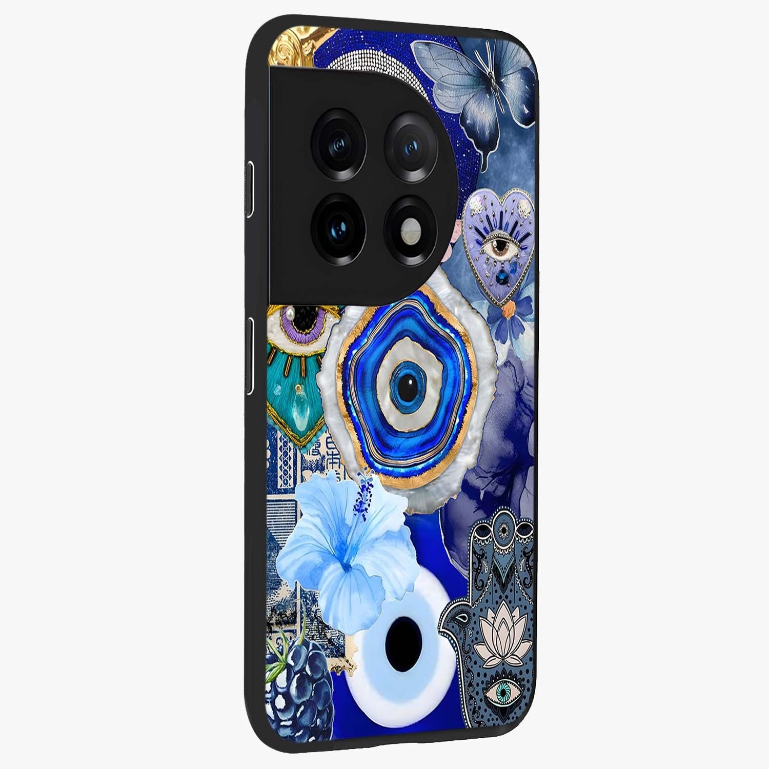 Crimson Evil Eye Charm Glass Case for 1+11 side perspective highlighting intricate charm design and smooth edges