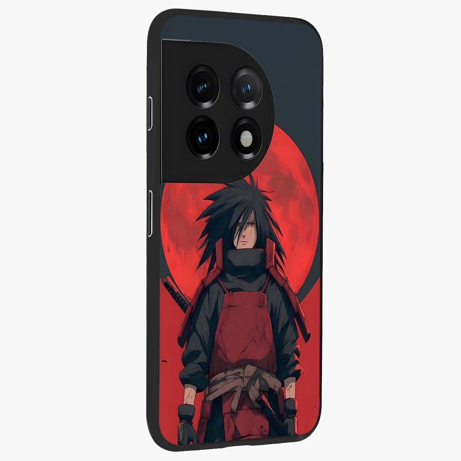 Crimson Moon Warlord Glass Case for 1+11 side perspective highlighting powerful illustration details and sleek build