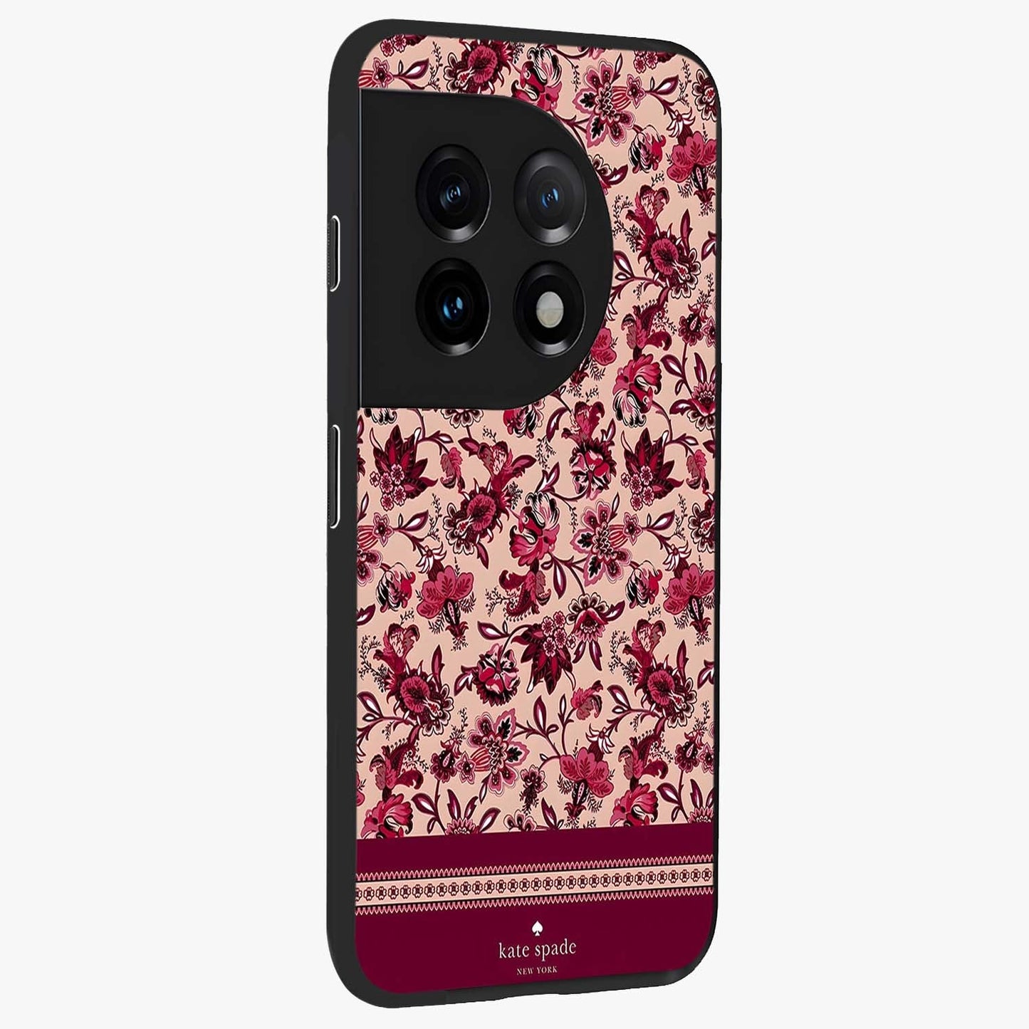 Crimson Rose Charm Glass Case for 1+11 side perspective highlighting delicate rose textures and smooth edges