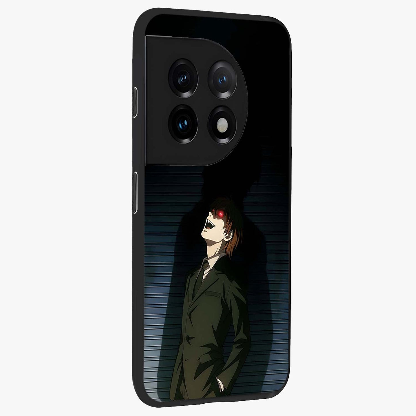 Crimson Shadow King Glass Case for 1+11 side perspective highlighting dramatic contrast and premium finish