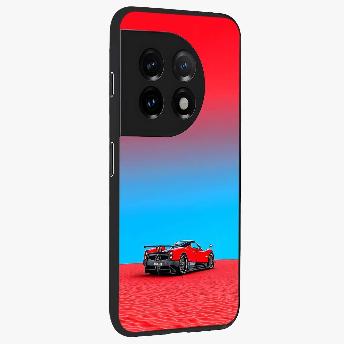 Crimson Speed Mirage Glass Case for 1+11 side perspective highlighting smooth aerodynamic design and premium edges
