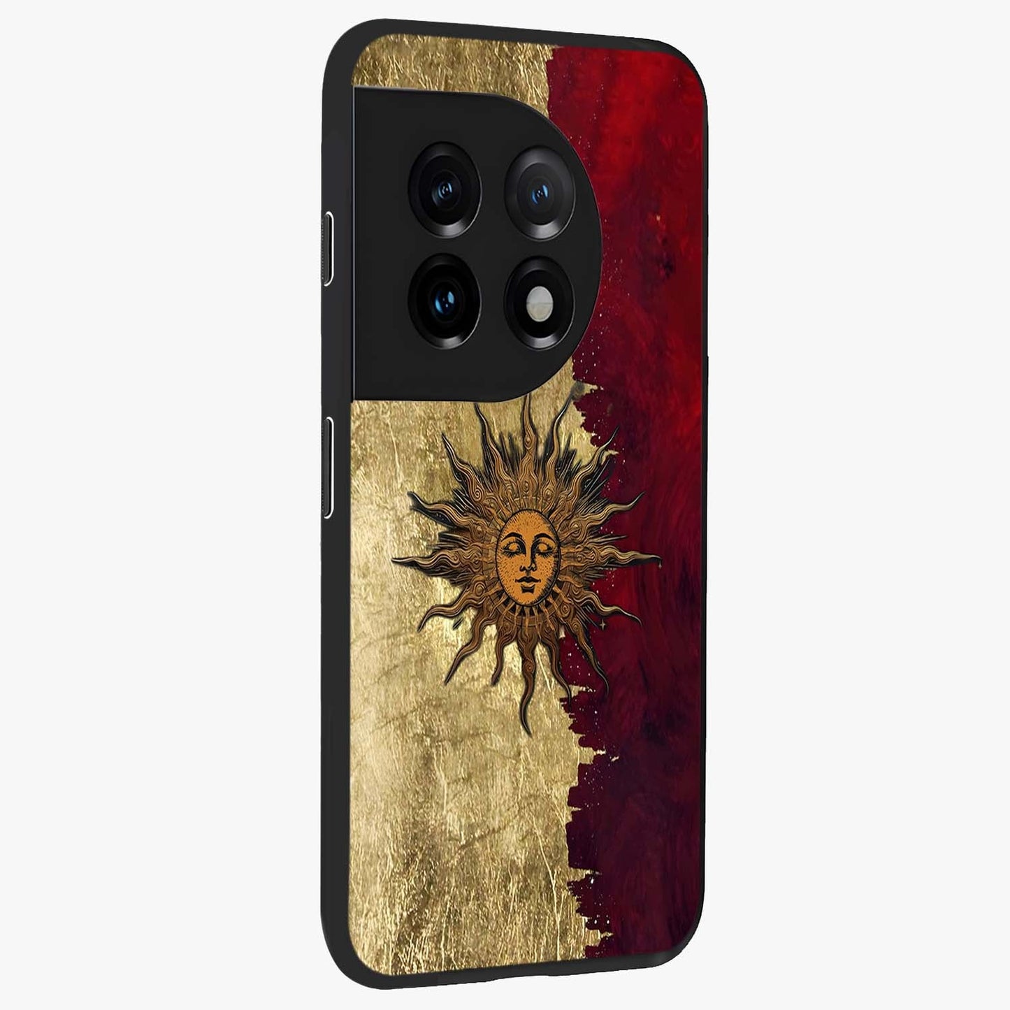 Crimson Sun Majesty Glass Case for 1+11 side perspective highlighting vibrant sun detailing and smooth edges