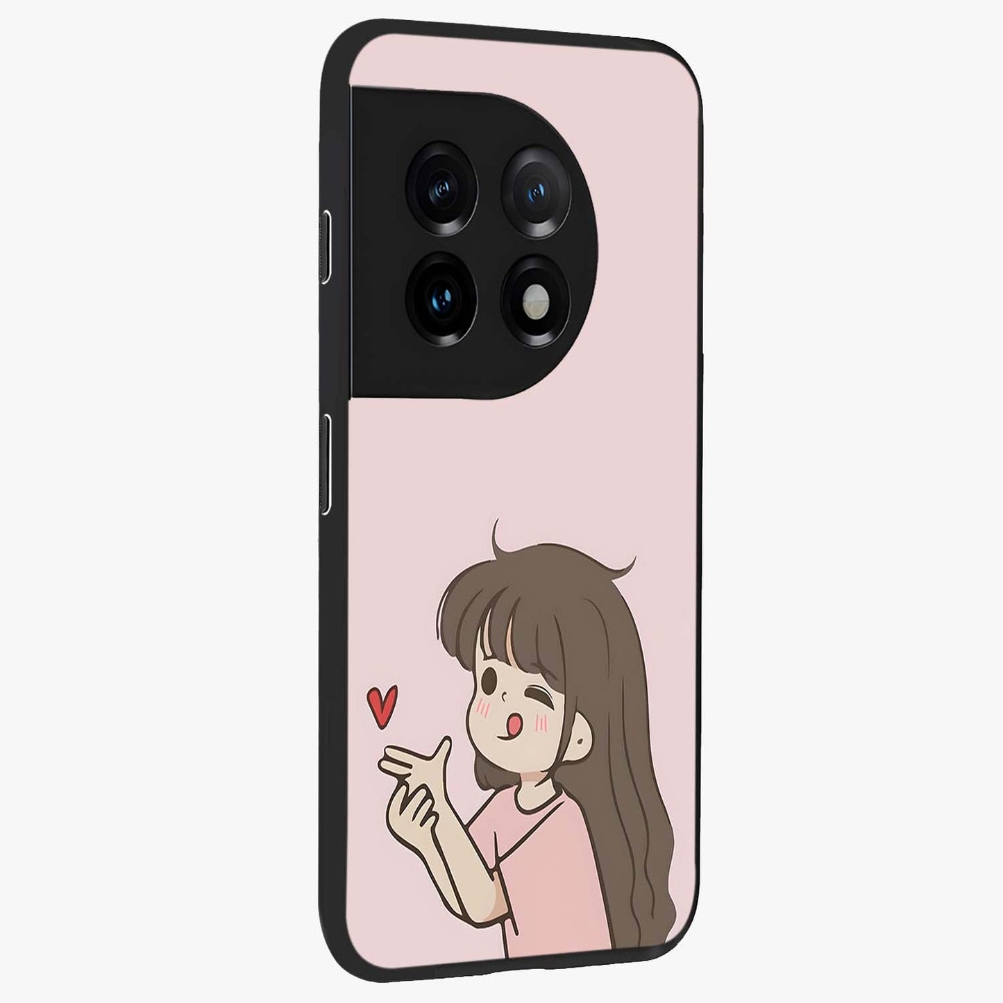 Cute Kiss Heart Glass Case for 1+11 side perspective highlighting delicate heart detailing and premium edge finish