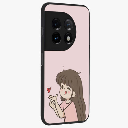 Cute Kiss Heart Glass Case for 1+11 side perspective highlighting delicate heart detailing and premium edge finish