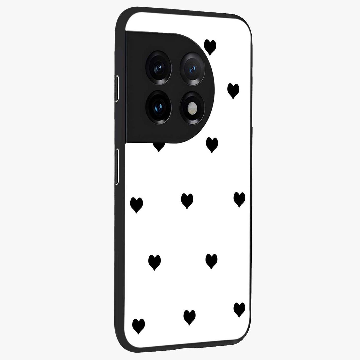 Cute Simple black Hearts Glass Case for 1+11 side perspective highlighting dramatic contrast and premium build