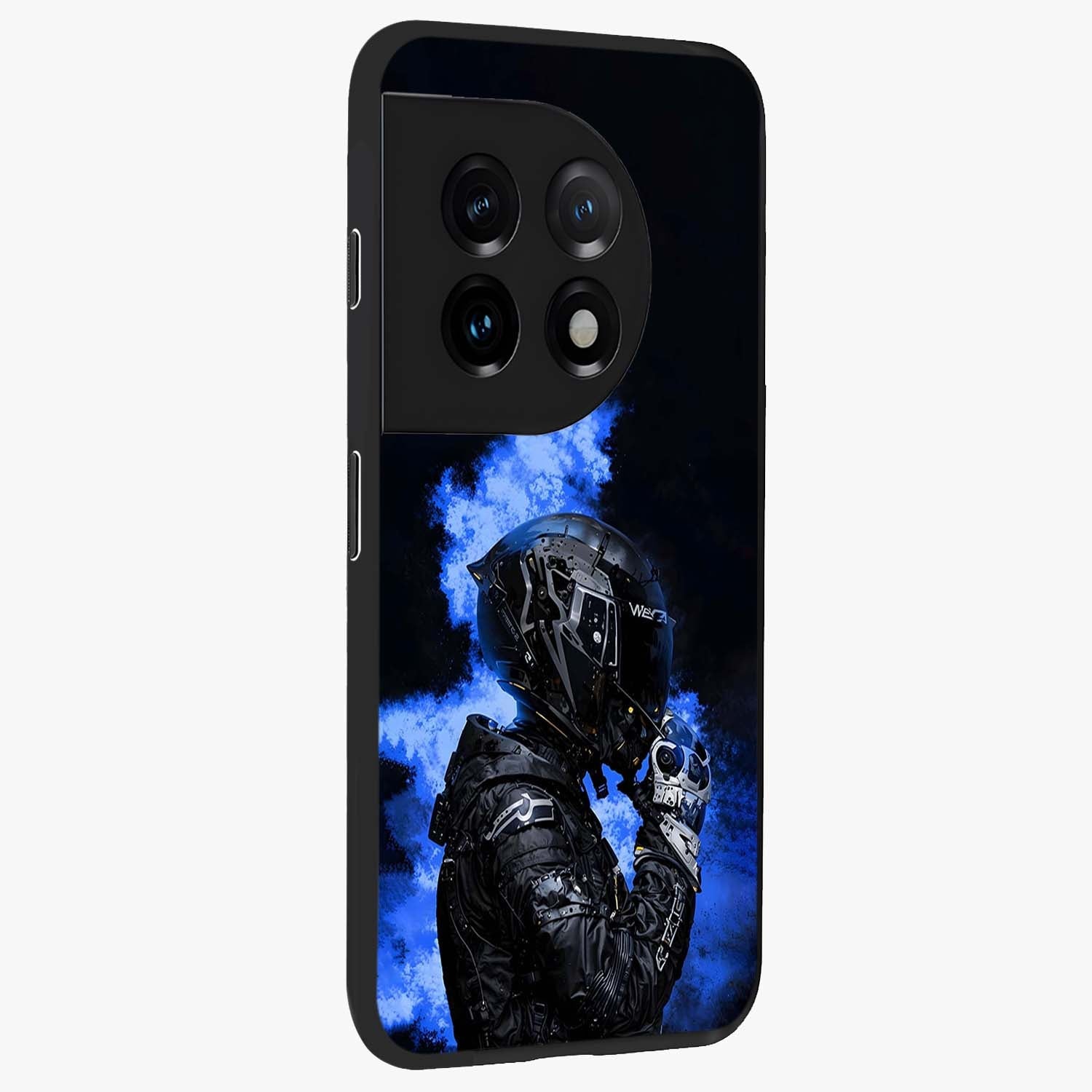 Cyber Sentinel Protocol Glass Case for 1+11 side perspective highlighting sharp digital textures and premium build
