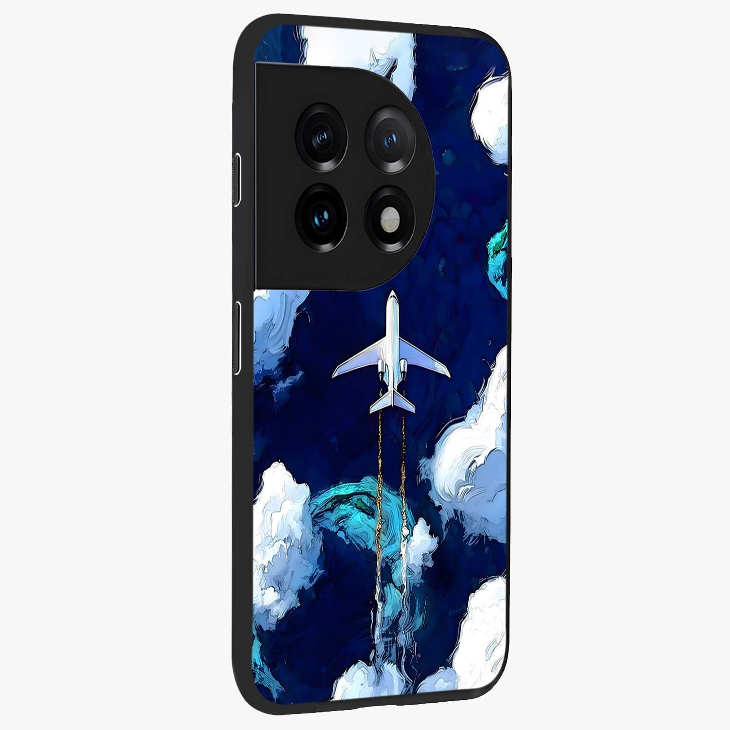 Dark Airplane Glass Case for 1+11 side perspective highlighting sleek aviation detailing and premium build